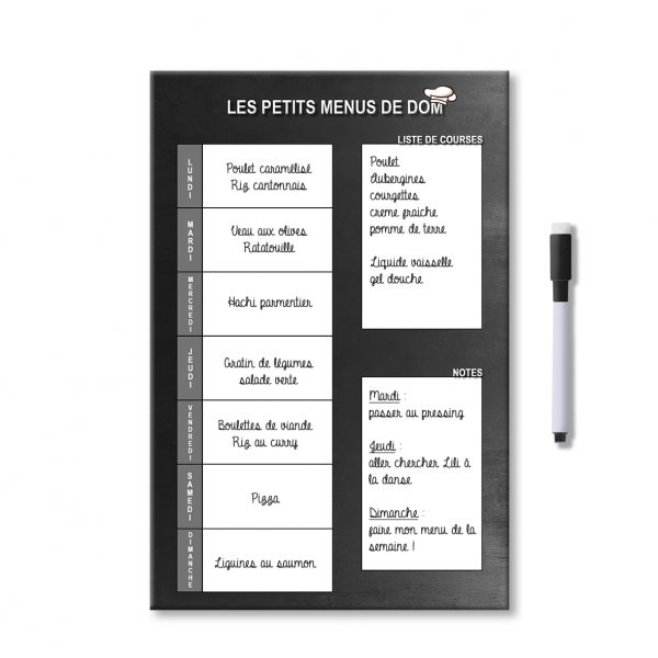planning magnétique personnalisé noir des menus de la semaine pour frigo avec stylo aimanté notes et liste de courses