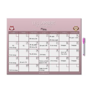 tableau planning mensuel magnétique effaçable et personnalisé chouette rose avec feutre aimanté