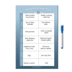 Exemple tableau magnétique personnalisé menus de la semaine midi et soir avec stylo feutre aimanté bleu