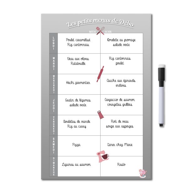 Exemple tableau magnétique personnalisé menus de la semaine midi et soir avec stylo feutre aimanté gris