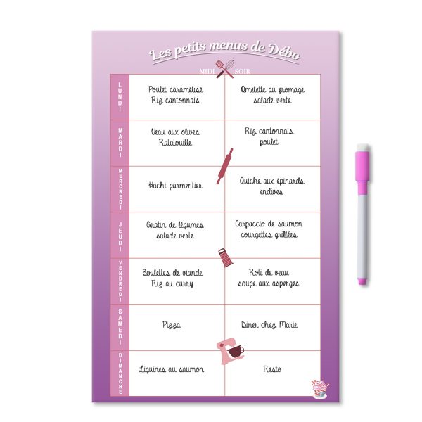 Exemple tableau magnétique personnalisé des repas de la semaine midi et soir avec stylo feutre aimanté violet